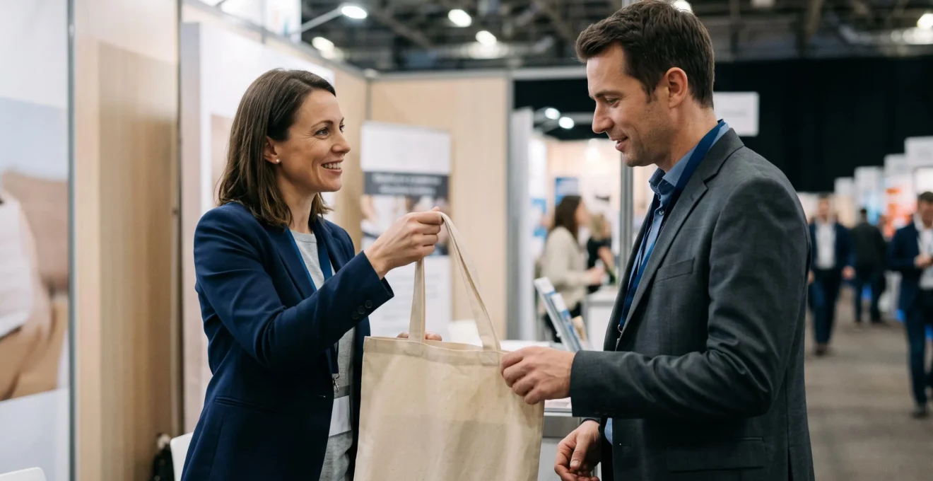 Professionnelle remettant un tote bag en toile personnalisé à un participant lors d'un événement professionnel