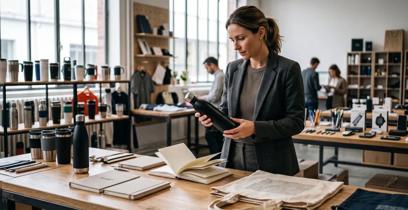 Professionnel du marketing examinant des objets publicitaires de qualité sur une table de travail, manipulant une gourde réutilisable et évaluant des carnets et sacs personnalisés