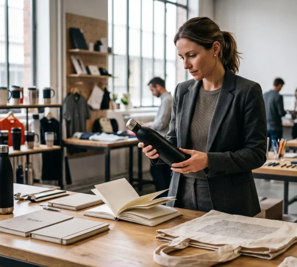 Professionnel du marketing examinant des objets publicitaires de qualité sur une table de travail, manipulant une gourde réutilisable et évaluant des carnets et sacs personnalisés